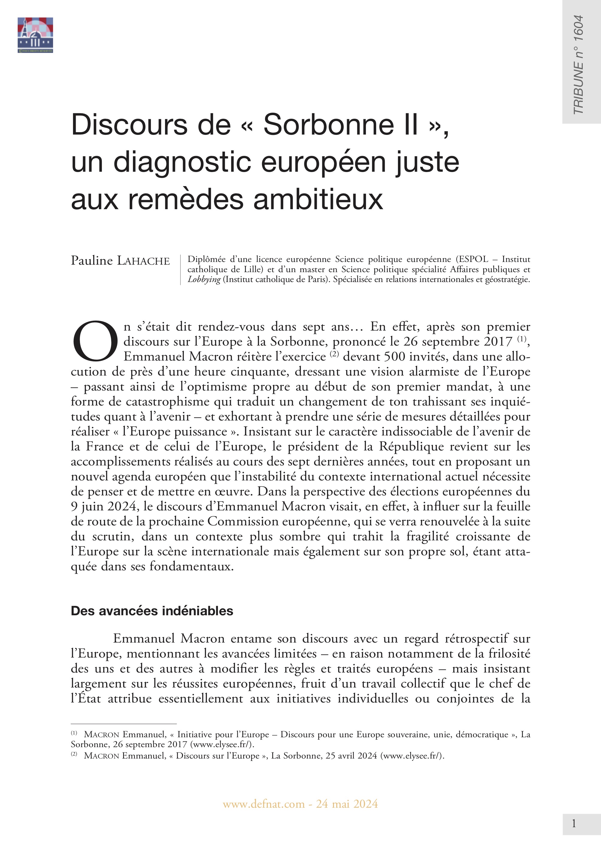 Discours de « Sorbonne II », un diagnostic européen juste aux remèdes ambitieux (T 1604)
